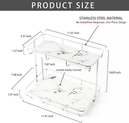 Bathroom Organizer Countertop Perfume Organizer Makeup Organizer Cosmetics Storage Display Rack Vanity Tray Dresser Stainless Steel Gold Shelf White Marble Ceramic Tray (2 Tier L-Sliver)