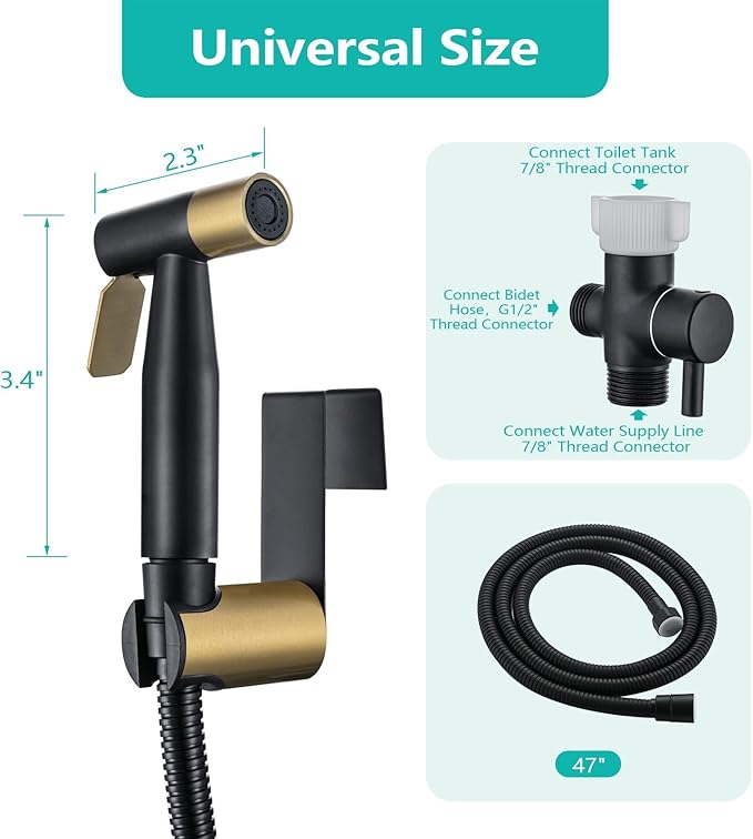 BARROCK Handheld Bidet Sprayer for Toilet, Stainless Steel Metal Made Baby Cloth Diaper Spraying Kit, Bathroom Toilet Bidet Attachment Set for Bathing Pets and Feminine Washing,Matte Black and Gold