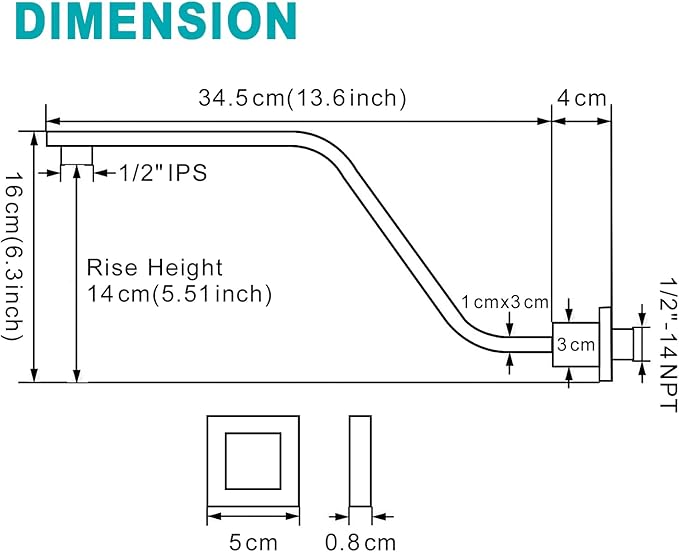 16 Inch S Shape Chrome Shower Head Arm, Square Wall Mounted Shower Arm and Flange Included