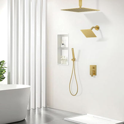 Shower Faucet Set, Ceiling Mount Rainfall Shower Head System 12" + 6" Dual Rain Shower Head Sets with 2 in 1 Handheld Spray for Bathroom with Rough-in Valve and Shower Trim Kit, Brushed Gold
