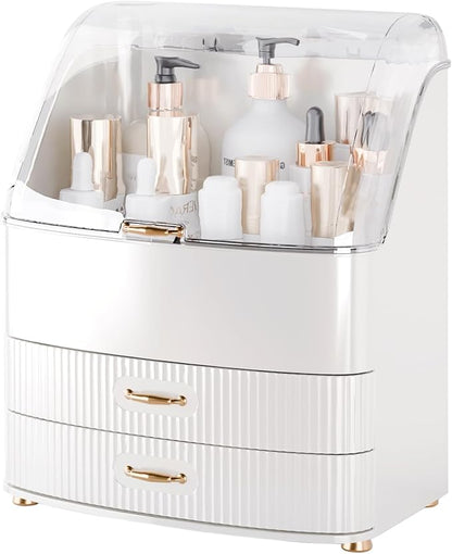 Makeup Organizer Countertop Vanity with Transparent Lid Drawers Waterproof Dustproof Cosmetic Skincare Bathroom Storage Gift for Women Teens Girls (Whtie)