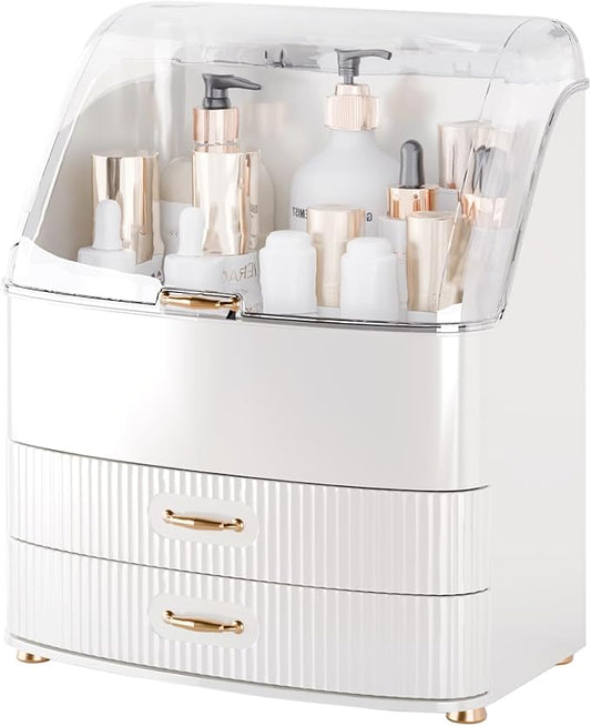 Makeup Organizer Countertop Vanity with Transparent Lid Drawers Waterproof Dustproof Cosmetic Skincare Bathroom Storage Gift for Women Teens Girls (Whtie)