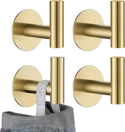 JQK Self Adhesive Towel Hook Gold, No Drill Stick on Coat Robe Clothes Wall Hook for Bathroom Kitchen Garage 4 Pack, 304 Stainless Steel Brushed Gold, ATH110-BG-P4