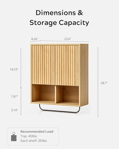 Fluted Wall Cabinet, Modern Wood Floating Bathroom Cabinet with Hanging Rod and Adjustable Shelf, Wall Mount Medicine Cabinet Natural Oak
