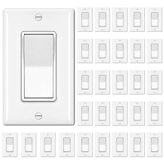 BESTTEN 30 Pack Single Pole Decorator Light Switch, Rocker Paddle Wall Switch, On/Off Interrupter, w/Wall Plate, 15A 120/277V, UL Listed, White
