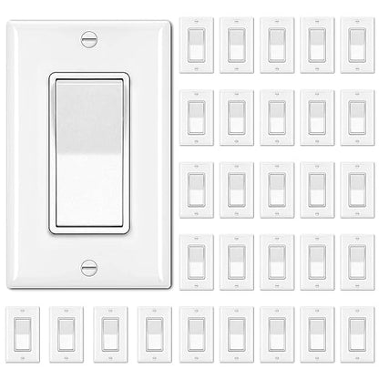 BESTTEN 30 Pack Single Pole Decorator Light Switch, Rocker Paddle Wall Switch, On/Off Interrupter, w/Wall Plate, 15A 120/277V, UL Listed, White