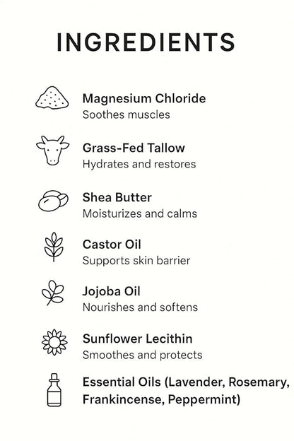 Magnesium Bliss Lotion – Magnesium Muscle Relief Lotion with Grass-Fed Tallow, Castor Oil & Shea Butter – Natural Hydrating Magnesium Cream for Sleep, Relaxation & Daily Skincare