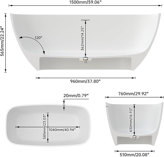 59" Premium Matte White Solid Surface Freestanding Bathtub, Upgraded Modern Design Stand Alone Bath Tub with Overflow and Pop-up Drain