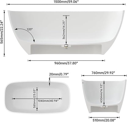 59" Premium Matte White Solid Surface Freestanding Bathtub, Upgraded Modern Design Stand Alone Bath Tub with Overflow and Pop-up Drain