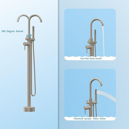 Freestanding Tub Filler Brushed Nickel Floor Mount Bathtub Faucet Bathroom,Rough-in Valve 2 Function Handshower for Tub Rinsing Bathing,Anti-Wobble Base,Cylinder Handheld
