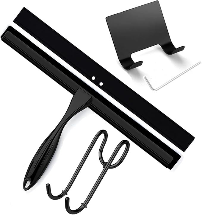 Shower Squeegee for Glass Doors, 12 Inches Bathroom Squeegee with Spare Silicone Blade, Shower Door Hook and Adhesive Hook, Stainless Steel Bathroom Squeegee for Mirror Window (12in-Black-1 Pack)