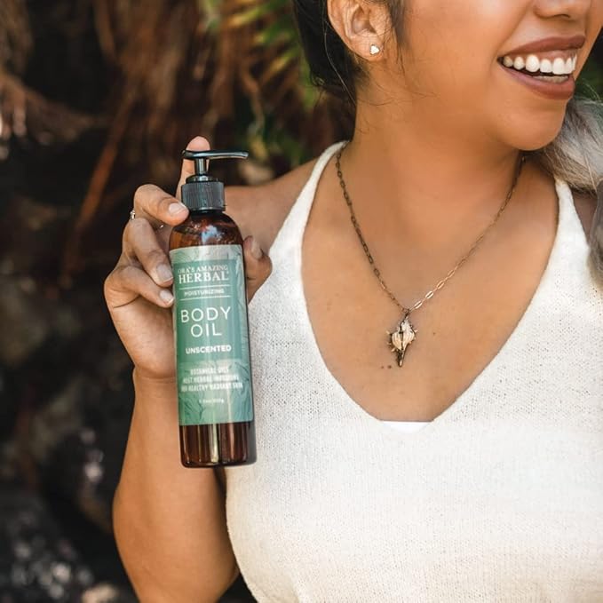 Ora's Amazing Herbal Unscented Body Oil, Fragrance Free Massage Oil with Pump, Moisturizing Body Oils for Men and Women, Herbal Infused Grapeseed Jojoba & Apricot with Calendula, 7.5 Fl Oz