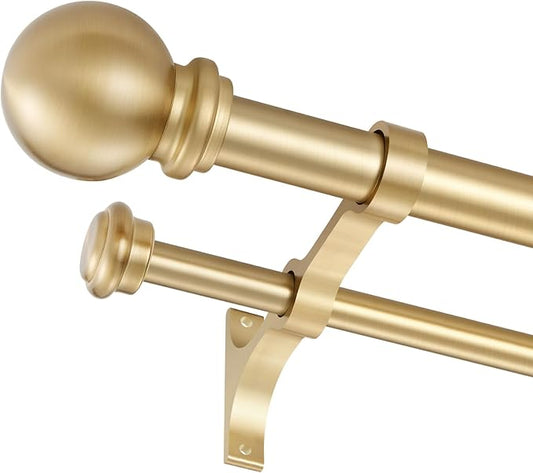 Double Curtain Rod, Adjustable 1 inch Double Drapery Rod Rods for Windows 48 to 84 inch,Ball Round Finials with Brackets Set (48-84",Gold)