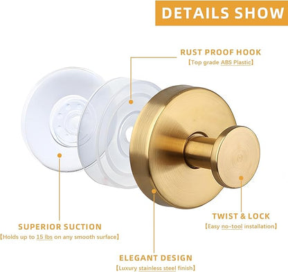 2 Pcs Suction Cup Hooks, Stainless Steel Removable Shower Towel Hook, No Drill Towel Holder for Bathroom, Kitchen Glass Door Wall for 15 Lb Heavy Duty Clothes - O Shape, Gold