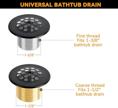Matte Black Trip Lever Bath Tub Drain Kit, Universal for 1-1/2" and 1-3/8" Bathtub Drain Replacement, No Putty Installation Tub Drain Set with Trip Lever Overflow Faceplate and Strainer, Tub Trim Kit