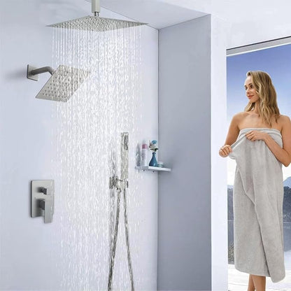 Brushed Nickel Shower System, Knob Switch Diverter Shower Faucet Set with High Pressure Handheld Spray, Ceiling Mount 10 Inch Shower Head with 6 Inch Wall Mount Shower Head