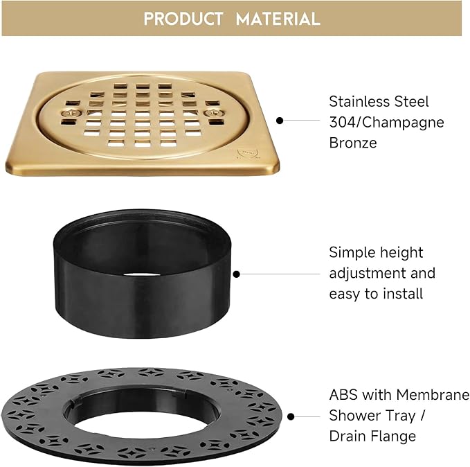 Yaseingo Removable Square Shower Floor Drain Compatible with Schluter Kerdi Drain Flange, 4 Inch Drain Grate Kit SS304 Stainless Steel and ABS Material - CUPC Certification, Champagne Bronze