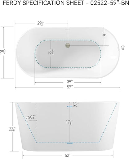 FerdY Shangri-La 59" Acrylic Freestanding Bathtub, Gracefully Shaped Soaking Bathtub, Glossy White, cUPC Certified, Brushed Nickel Drain & Minimalist Linear Design Overflow Included, 02522