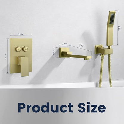 Wall Mount Bathtub Faucet Set Included 180°Swivel bathroom Tub Filler faucets and handheld Shower，high Flow Tub Spout with Solid Brass Push-button Diverter Pressure Balance Valve,Brushed Gold