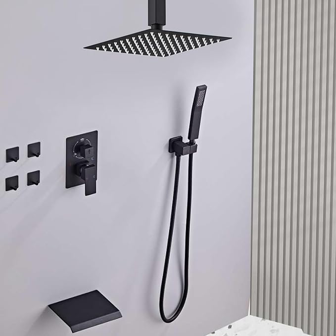 12 Inch Ceiling Mount Shower System Matte Black Rain Mixer Shower Combo Set High Pressure Rainfall Shower Head System Bathroom Luxury Shower Faucet Set Rough-in Valve and Shower Trim Included