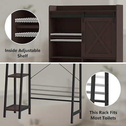 Over The Toilet Storage Cabinet, Farmhouse Storage Cabinet Over Toilet with Sliding Door & Toilet Paper Holder Stand，Home Space-Saving Toilet Rack, for Bathroom, Restroom, Laundry.Espresso