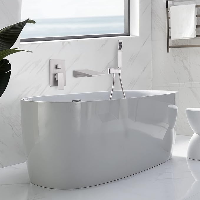 Wall Mount Tub Filler Faucet with Waterfall Tub Spout Waterfall Bathtub Faucet with Handheld Shower Modern Tub Filler Faucet Single Handle, Brushed Nickel