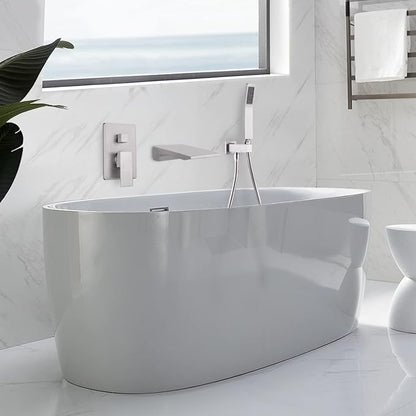 Wall Mount Tub Filler Faucet with Waterfall Tub Spout Waterfall Bathtub Faucet with Handheld Shower Modern Tub Filler Faucet Single Handle, Brushed Nickel