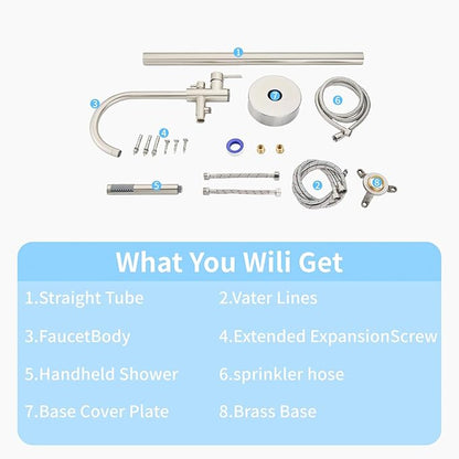 Freestanding Tub Filler Brushed Nickel Floor Mount Bathtub Faucet Bathroom,Rough-in Valve 2 Function Handshower for Tub Rinsing Bathing,Anti-Wobble Base,Cylinder Handheld