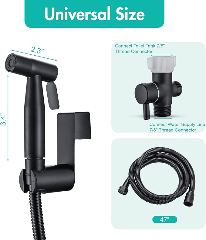 BARROCK Handheld Bidet Sprayer for Toilet, 2 Pack Stainless Steel Metal Made Baby Cloth Diaper Spraying Kit, Bathroom Toilet Bidet Attachment Set for Bathing Pets and Feminine Hygiene, Matte Black