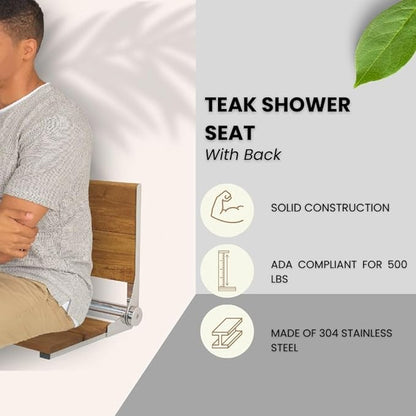 Teak Shower Seat - Contour Wood / Folding Wall Mount Bench for Inside Shower / ADA Safety Assist / 304 Stainless Steel / Polished Chrome / 18" x 16"
