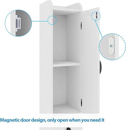 Tall Bathroom Storage Cabinet with Adjustable Shelves, Narrow Storage Cabinet with 2 Doors, Drawer, Toilet Paper Holder, Slim Storage Cabinet for Small Space, Kitchen, Laundry, Entryway, White