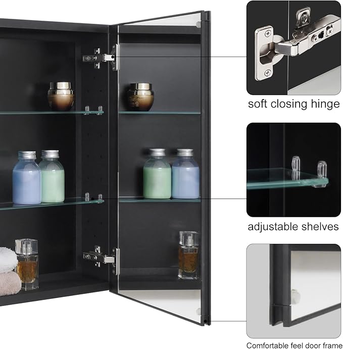 Fundin Black Aluminum Medicine Cabinet 24 x 24 Inch Recessed or Surface Mount, with Double Door and Adjustable Shelves.