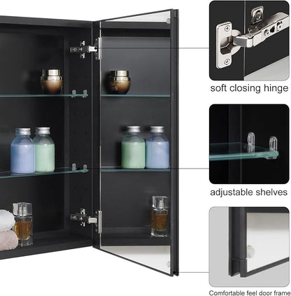 Fundin Black Aluminum Medicine Cabinet 24 x 24 Inch Recessed or Surface Mount, with Double Door and Adjustable Shelves.