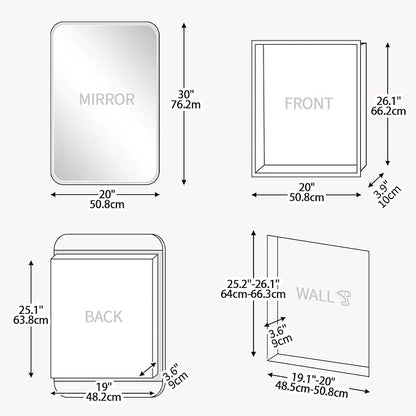 Rectangle Medicine Cabinet with Beveled Edge Mirror, No-Assembly Bathroom Wall Cabinet with Mirror, Adjustable Shelves, Tissue Slot, Recessed or Surface Mount (30" H x 20" W)
