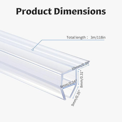 Shower Door Side Seal Strip,118 Inch Corner-Type Frameless Shower Door Seal, Corner-Type Shower Door Sweep for 1/4"(6mm) Thick Glass