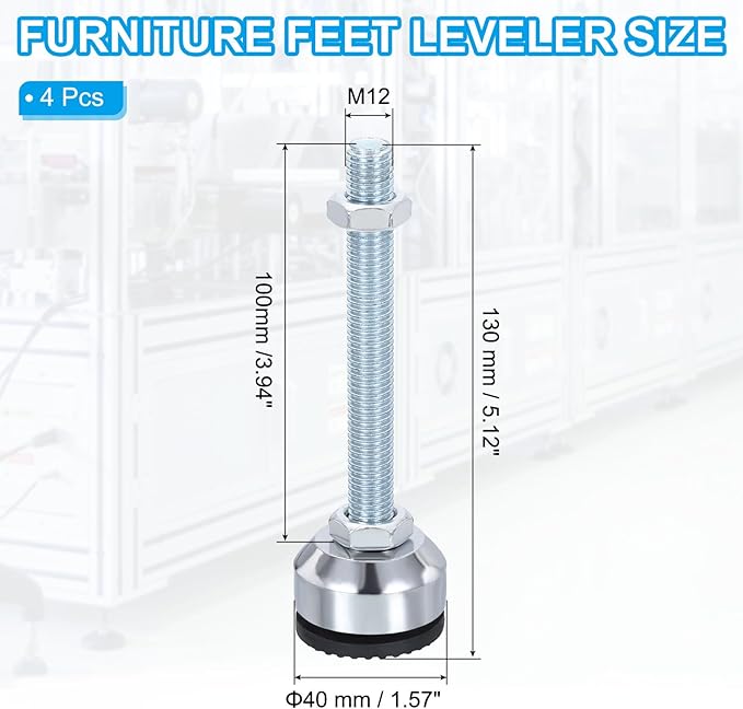 PATIKIL Furniture Leveling Feet 1.6" Dia Base M12 Thread, 4 Pcs Carbon Steel Adjustable Threaded Furniture Levelers Screw on Leg Levelers with Pads for Desk Chair Cabinet, Black