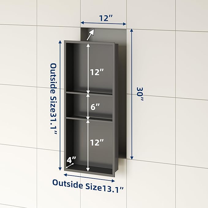 Neodrain 12X30 in Shower Niche, Gun Metal 3-Tier Wall Niche Stainless Steel Cabinet No Tile Needed Recessed Niche for Bathroom Storage