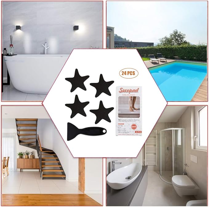 Anti Slip Shower Stickers, 24 PCS Safety Bathtub Sticker Adhesive Decals with Premium Scraper (Black)