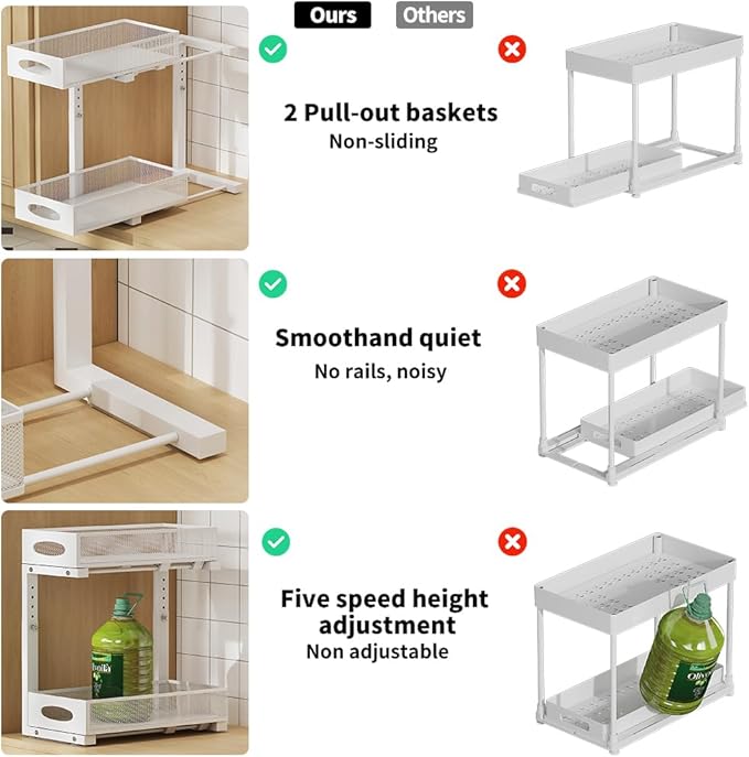 Under Sink Organizer, 2-Tier Pull Out Cabinet Organizer with Adjustable Height, Use in Kitchen Bathroom Cabinet and Countertop Storage, White