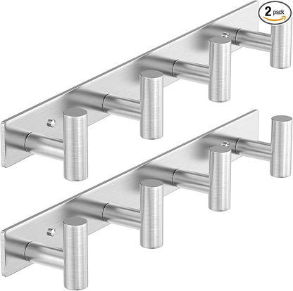 HUFEEOH 2 Pack Coat Rack Wall Mount, Stainless Steel T Shaped 4 Hooks Coat Hooks for Bathroom, Heavy Duty Wall Hooks Towel Hooks for Hanging, Silver Towel Rack Purse Hanger for Mudroom Entryway