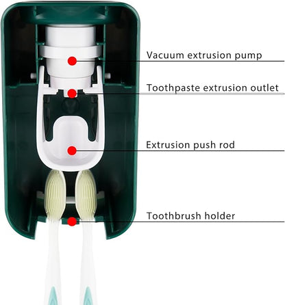2 Slot Toothbrush Holder and Toothpaste Dispenser Wall Mounted, Automatic Toothpaste Squeezer, 2 in 1 Tooth Brush Toothpaste Organizer for Shower (Green 2Pack)