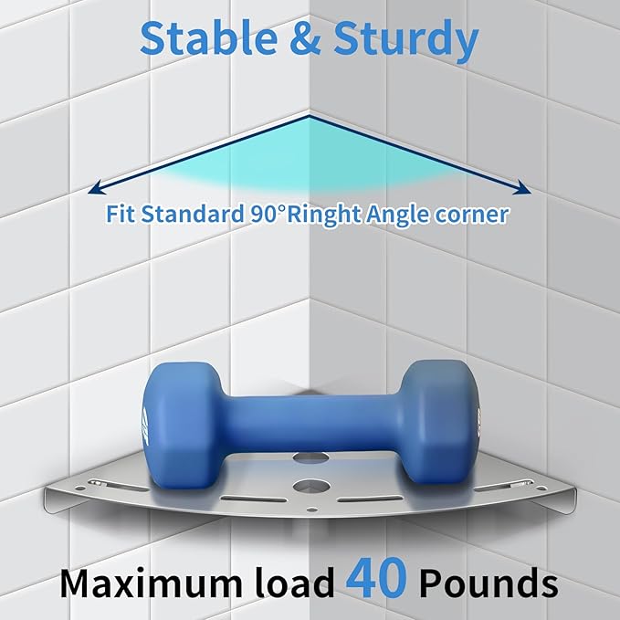 XIHLZYEH Corner Shower Shelves, 2 Pack 304 Stainless Steel Shower Shelf with 6 Hooks 40 lbs Heavy Duty, Rustproof Wall Mounted Organizer for Bathroom Drilling Installation (Silver)