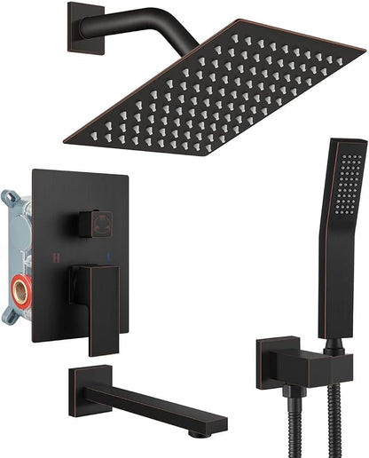 gotonovo Shower System with Tub Spout Wall Mounted Rain Shower Head and Handle Combo Shower Faucet Set with Valve, 8 Inch, Oil Rubbed Bronze