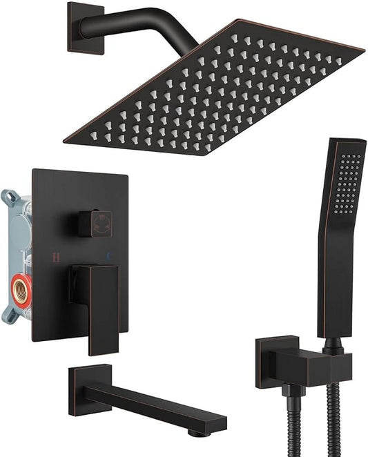 gotonovo Shower System with Tub Spout Wall Mounted Rain Shower Head and Handle Combo Shower Faucet Set with Valve, 8 Inch, Oil Rubbed Bronze