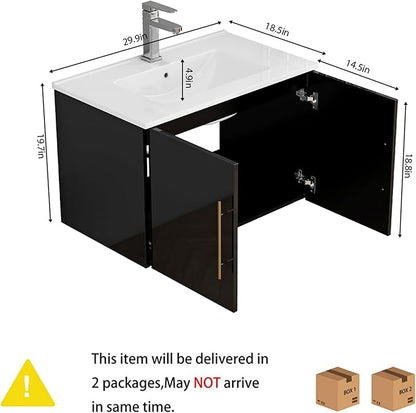 30" Wall Mounted Bathroom Vanity with Sink, High Gloss Black Floating Cabinet, Modern Gold Handles, Soft Close Doors, Integrated Ceramic Top for Powder Room