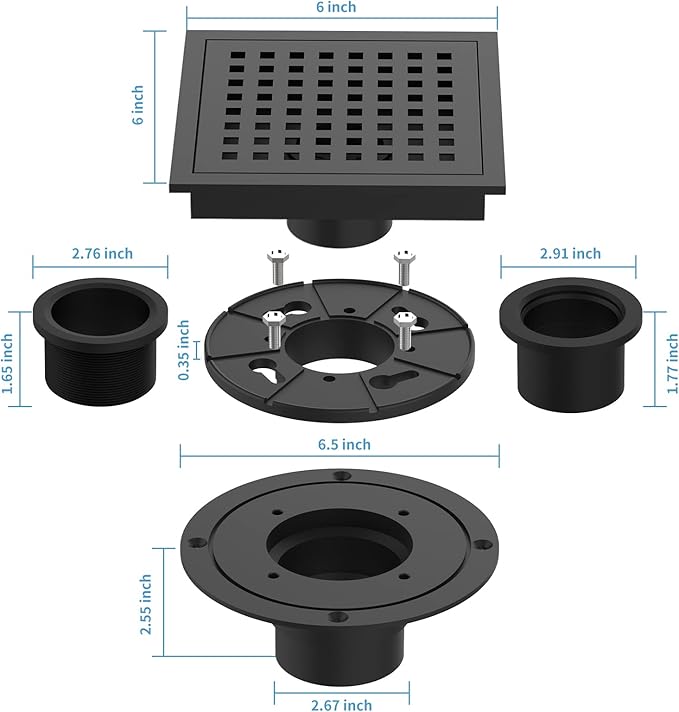 6 Inch Square Shower Floor Drain, Brushed Nickel High Flow Shower Drain Kit with Flange with Hair Filter, Removable Grate Cover, Stainless Steel, Abs Fixing Tray, CUPC Certified (Matte Black)