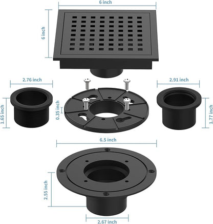 6 Inch Square Shower Floor Drain, Brushed Nickel High Flow Shower Drain Kit with Flange with Hair Filter, Removable Grate Cover, Stainless Steel, Abs Fixing Tray, CUPC Certified (Matte Black)