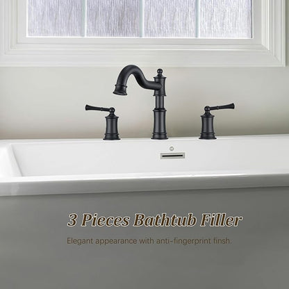 Roman Tub Faucet Classic Widespread Deck Mount Bathtub Faucet 3 Holes Brass High Flow Tub Filler, Rough in Valve Included, Matte Black