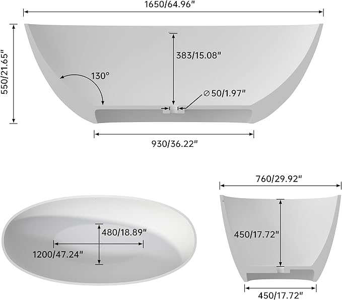 SJ STAR&JANE 69" Solid Surface Freestanding Bathtub,Matte White Stone Resin Soaking Tub, Modern Stand Alone Tub for Bathroom, Integrated with Overflow & Pop-up Drain