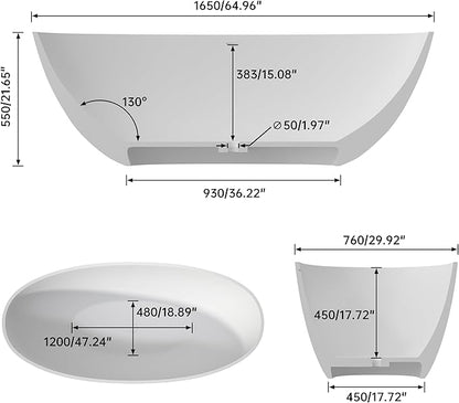 SJ STAR&JANE 69" Solid Surface Freestanding Bathtub,Matte White Stone Resin Soaking Tub, Modern Stand Alone Tub for Bathroom, Integrated with Overflow & Pop-up Drain